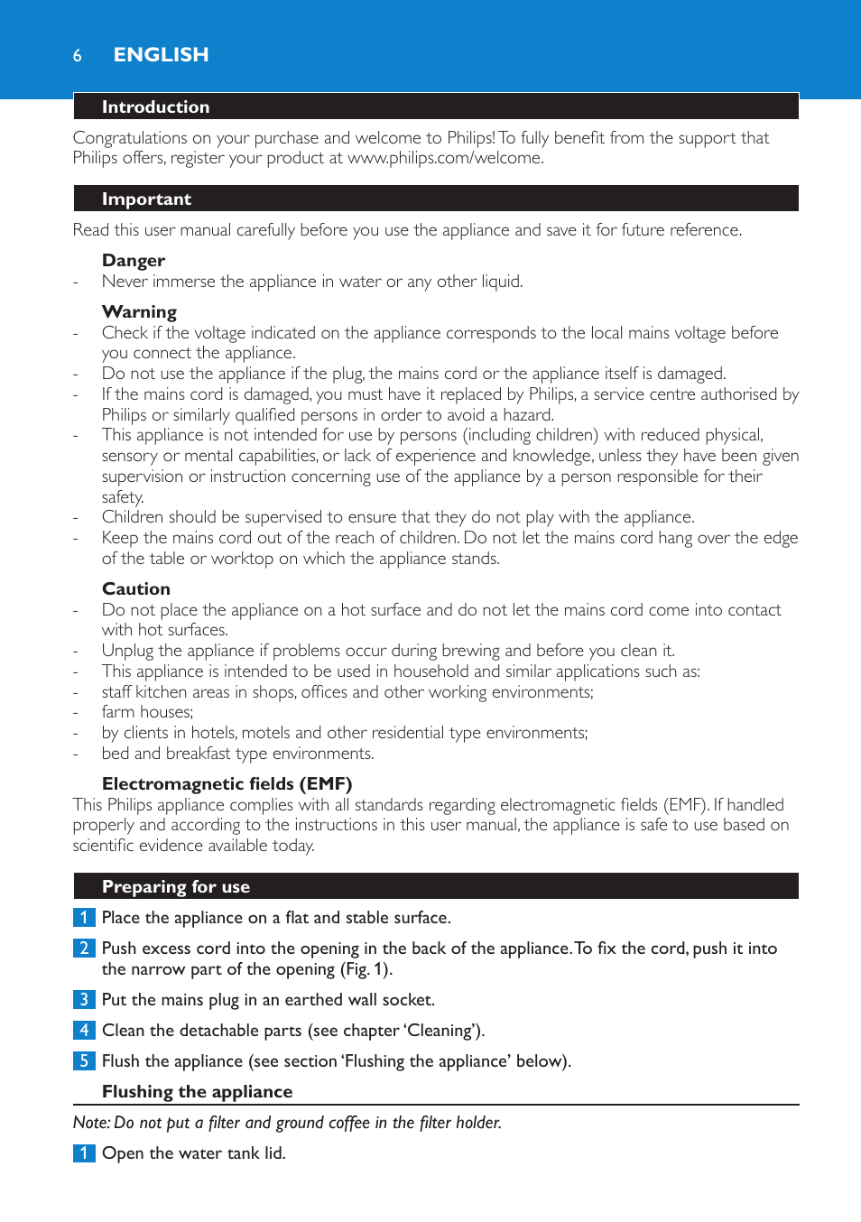 English, Introduction, Important | Danger, Warning, Caution, Electromagnetic fields (emf), Preparing for use, Flushing the appliance | Philips Cafetière User Manual | Page 6 / 70