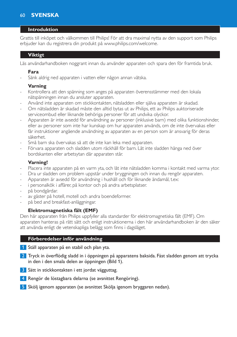 Fara, Varning, Elektromagnetiska fält (emf) | Svenska, Introduktion, Viktigt, Förberedelser inför användning, Skölja igenom bryggaren | Philips Cafetière User Manual | Page 60 / 70