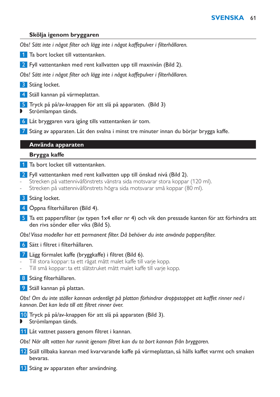 Använda apparaten, Brygga kaffe | Philips Cafetière User Manual | Page 61 / 70