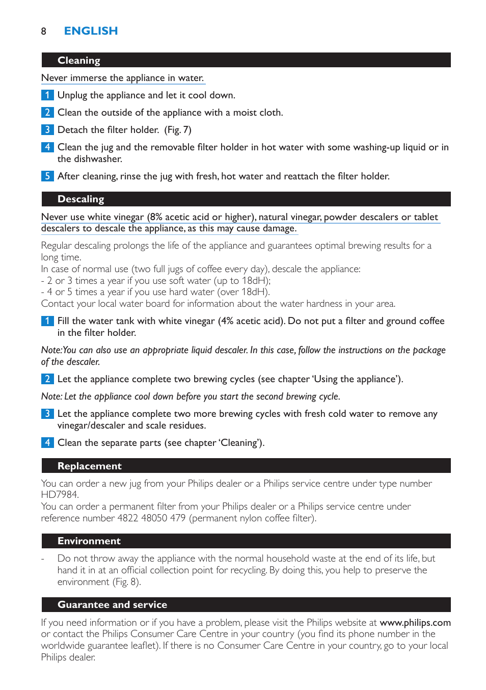 Cleaning, Descaling, Replacement | Environment, Guarantee and service | Philips Cafetière User Manual | Page 8 / 70