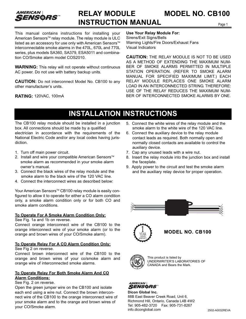 American Sensor CB100 User Manual | 2 pages