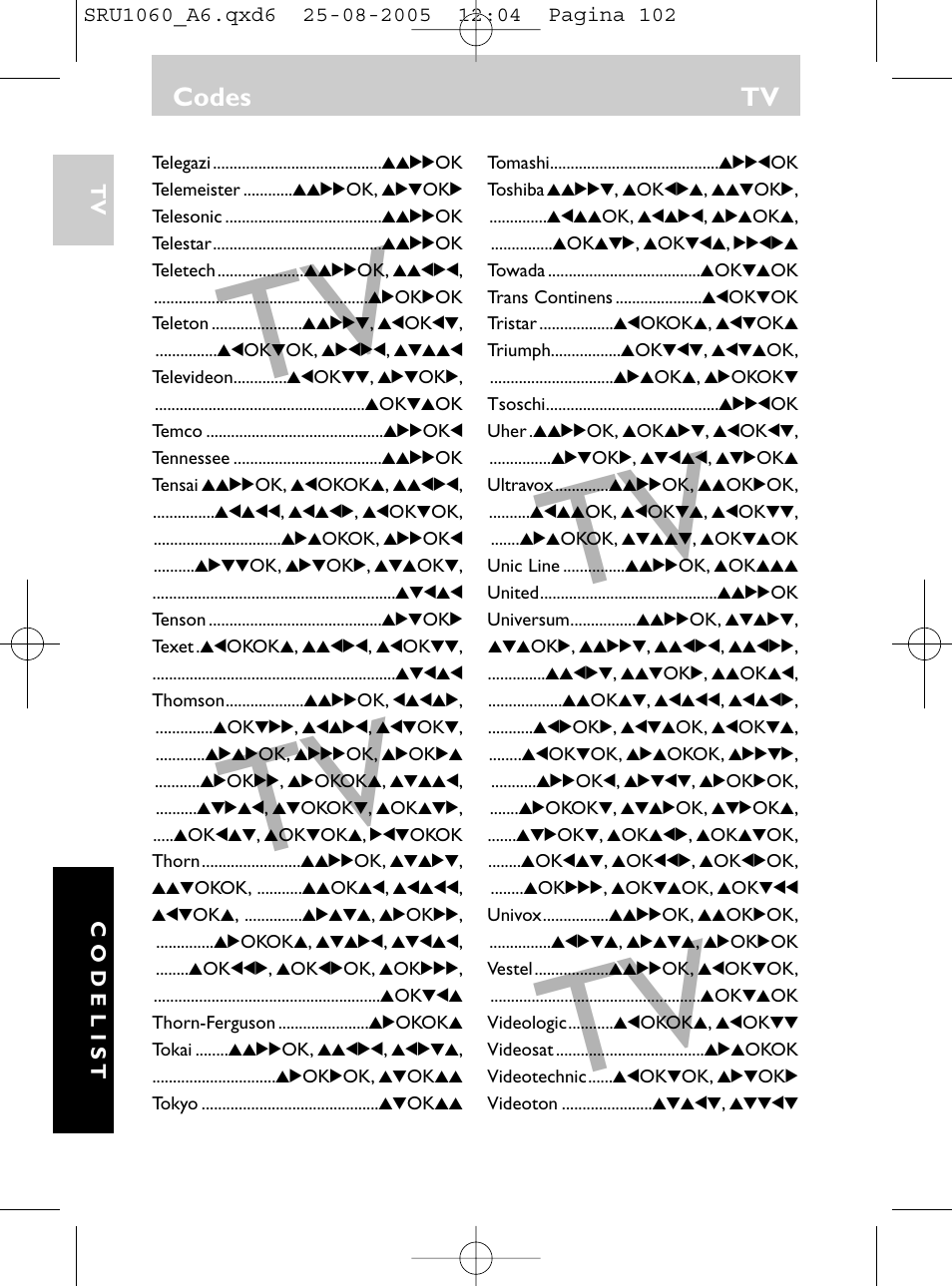 Codes tv | Philips Télécommande universelle User Manual | Page 101 / 111