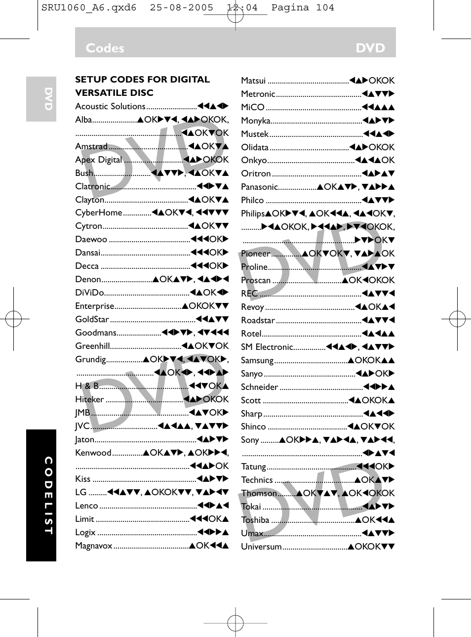 Codes dvd | Philips Télécommande universelle User Manual | Page 103 / 111
