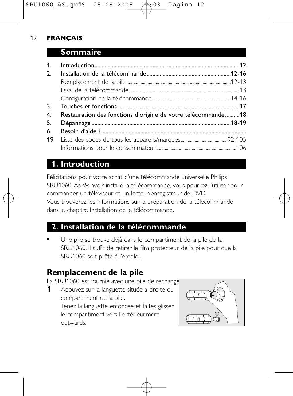 Sommaire, Introduction, Installation de la télécommande | Remplacement de la pile | Philips Télécommande universelle User Manual | Page 11 / 111