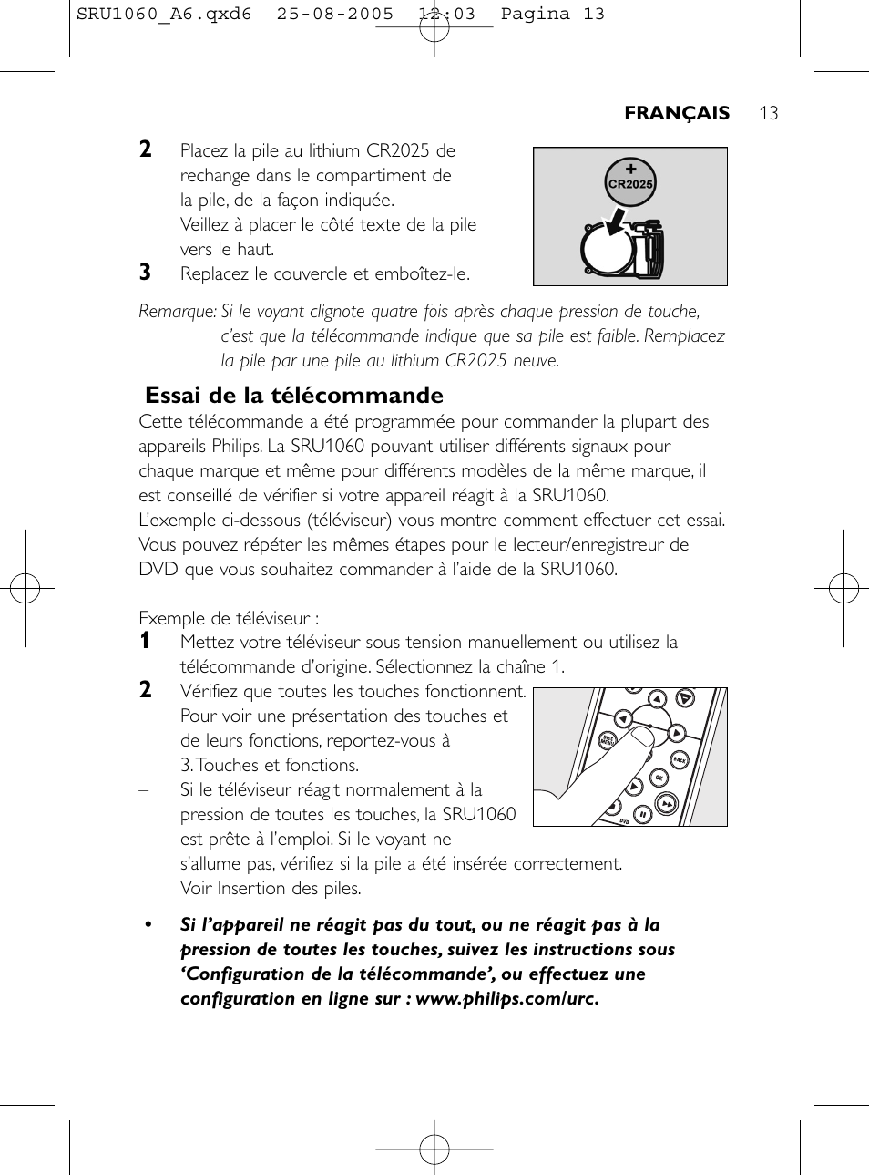 Essai de la télécommande | Philips Télécommande universelle User Manual | Page 12 / 111