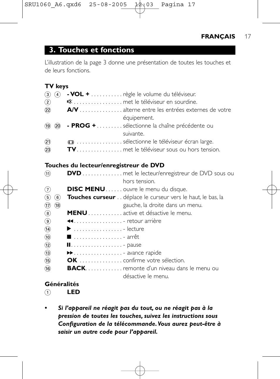 Touches et fonctions | Philips Télécommande universelle User Manual | Page 16 / 111