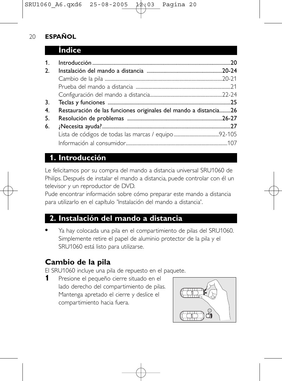 Índice, Introducción, Instalación del mando a distancia | Cambio de la pila | Philips Télécommande universelle User Manual | Page 19 / 111