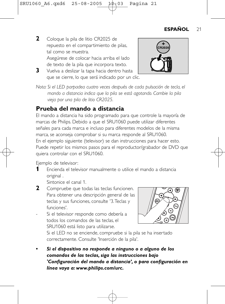 Prueba del mando a distancia | Philips Télécommande universelle User Manual | Page 20 / 111