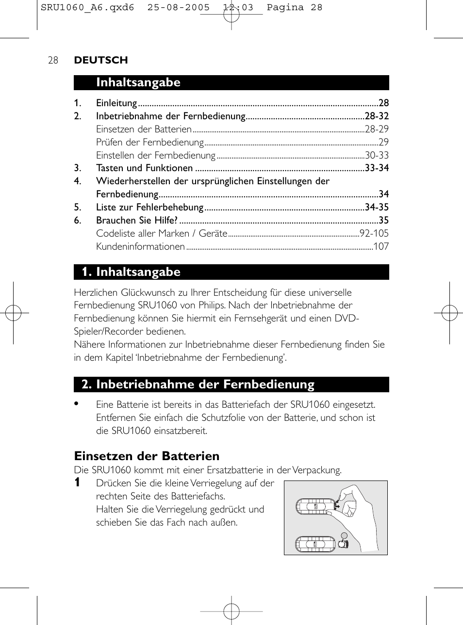 Inhaltsangabe, Inbetriebnahme der fernbedienung, Einsetzen der batterien | Philips Télécommande universelle User Manual | Page 27 / 111