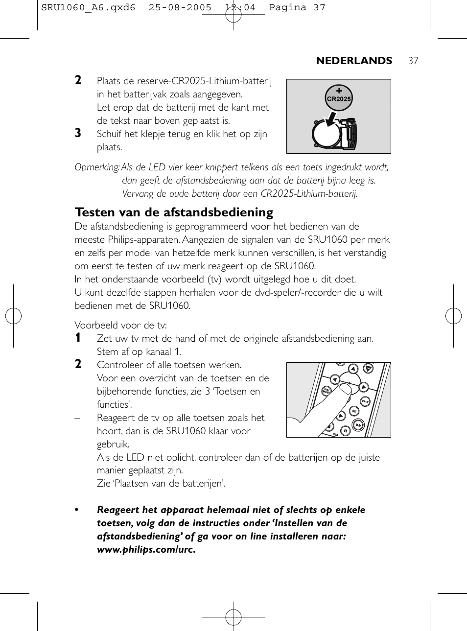 Testen van de afstandsbediening | Philips Télécommande universelle User Manual | Page 36 / 111