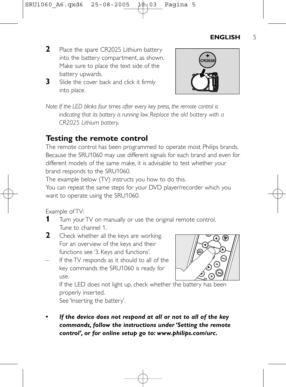 Testing the remote control | Philips Télécommande universelle User Manual | Page 4 / 111