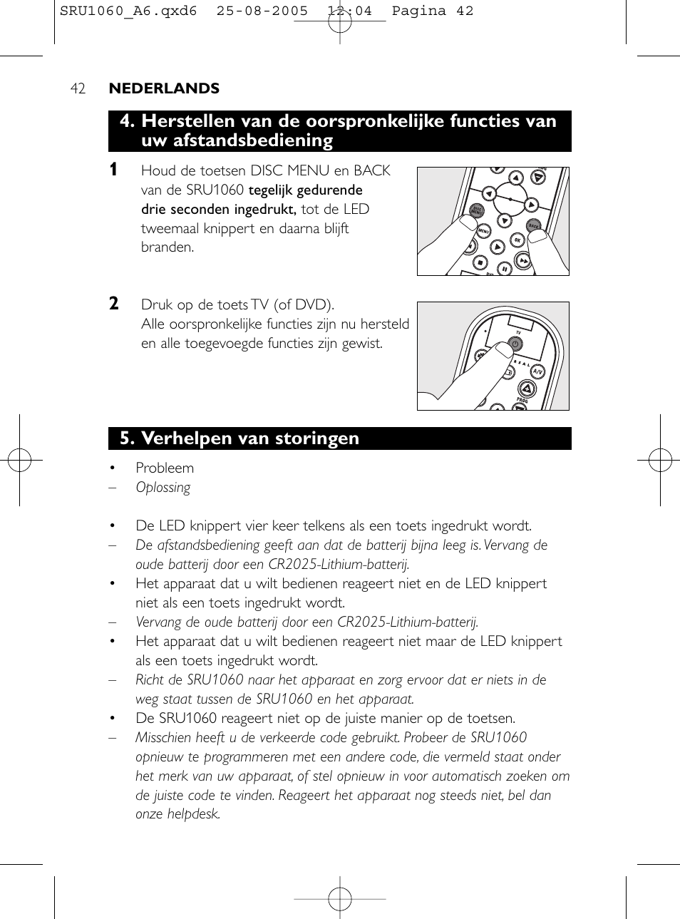 Verhelpen van storingen | Philips Télécommande universelle User Manual | Page 41 / 111