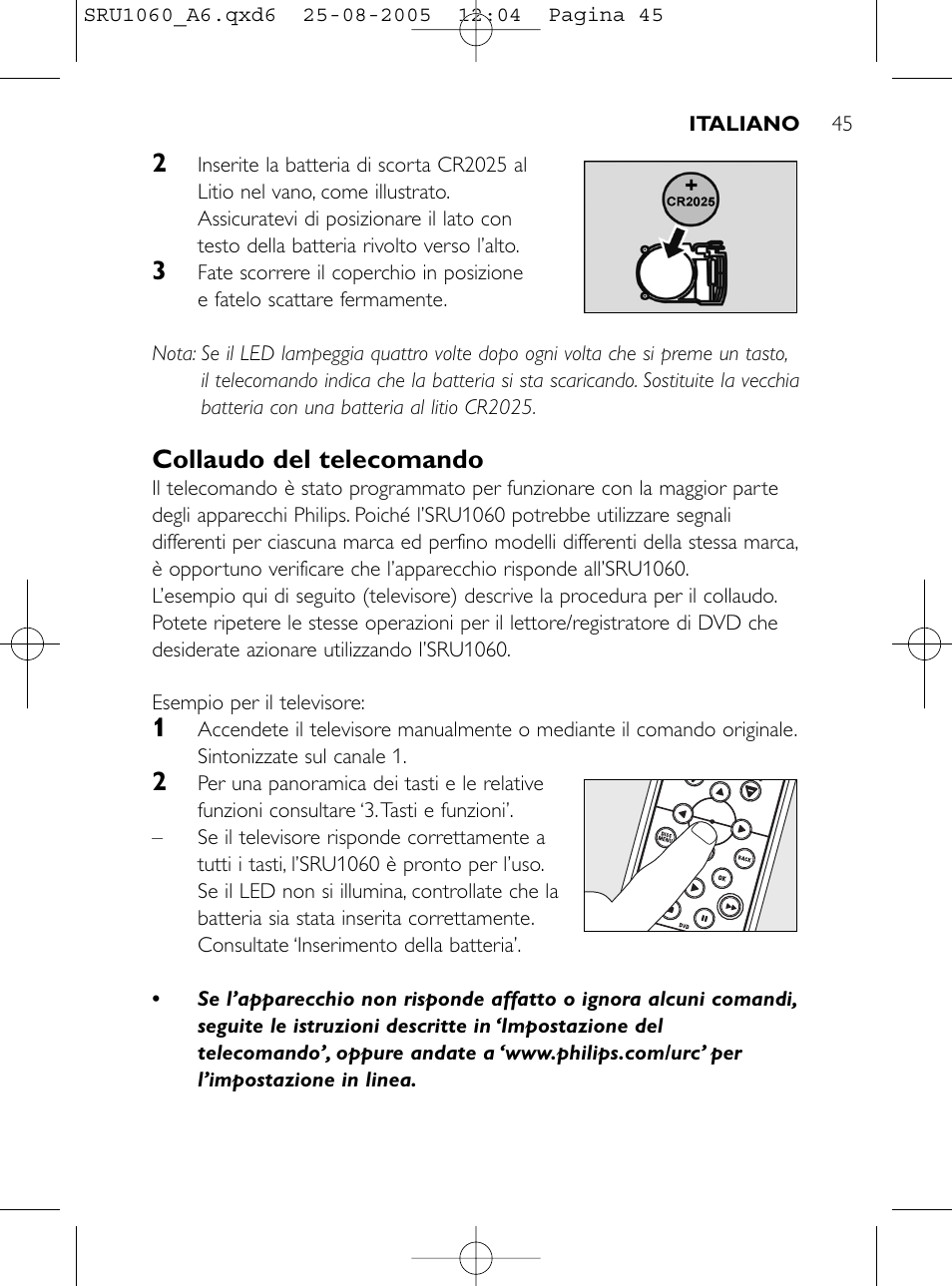 Collaudo del telecomando | Philips Télécommande universelle User Manual | Page 44 / 111