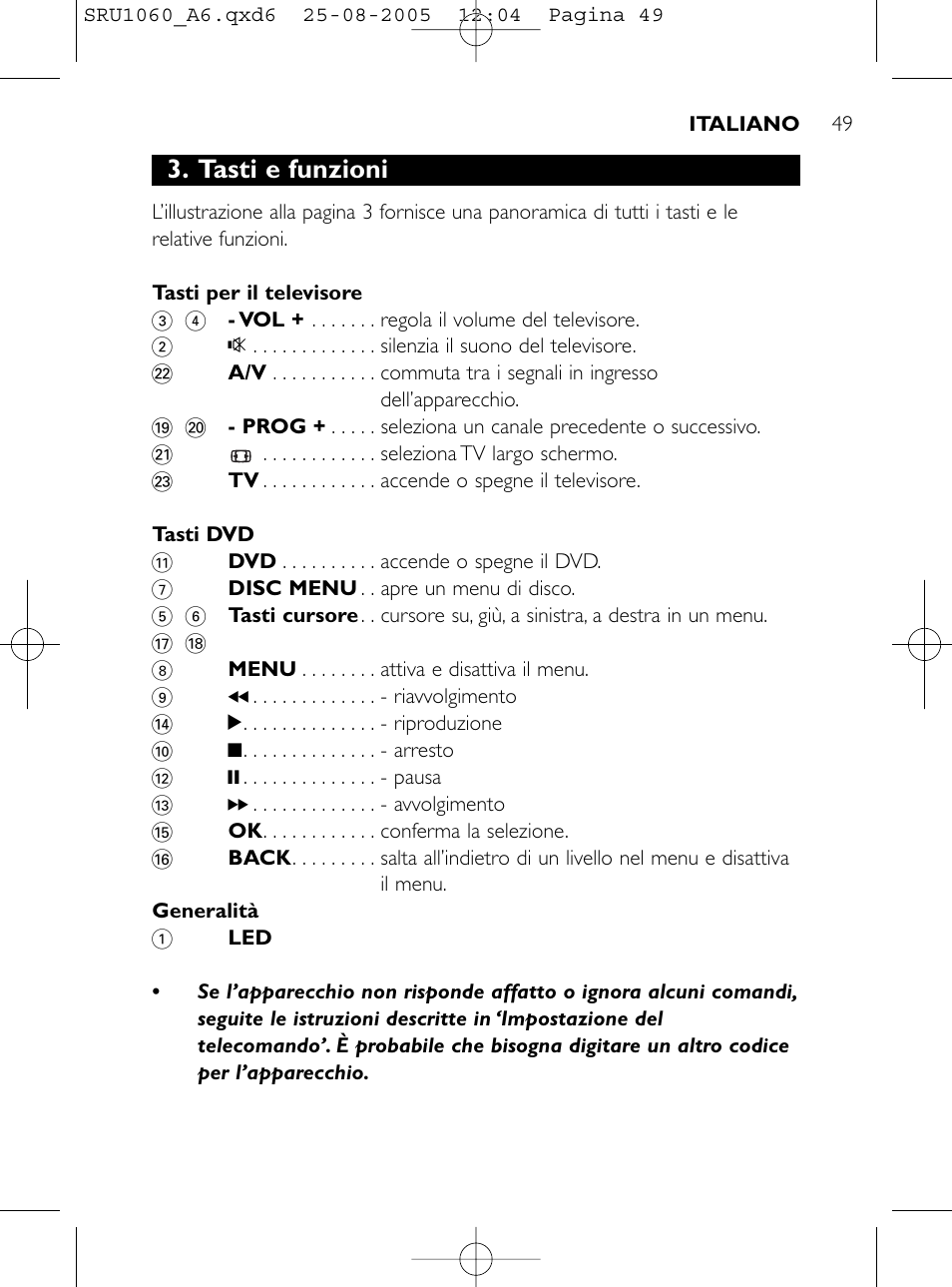 Tasti e funzioni | Philips Télécommande universelle User Manual | Page 48 / 111