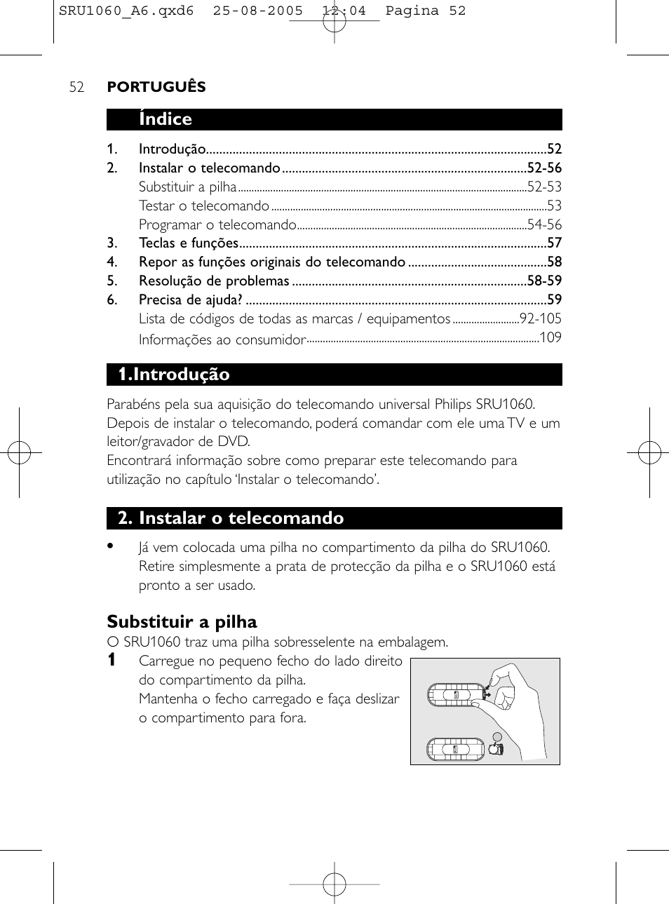 Índice, Introdução, Instalar o telecomando | Substituir a pilha | Philips Télécommande universelle User Manual | Page 51 / 111