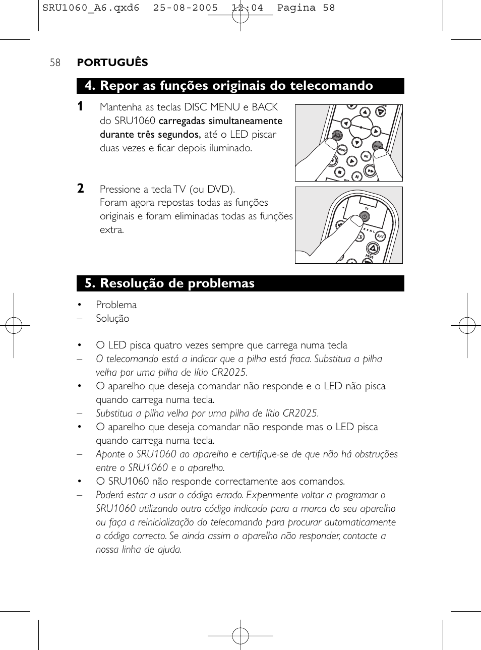 Repor as funções originais do telecomando 1, Resolução de problemas | Philips Télécommande universelle User Manual | Page 57 / 111