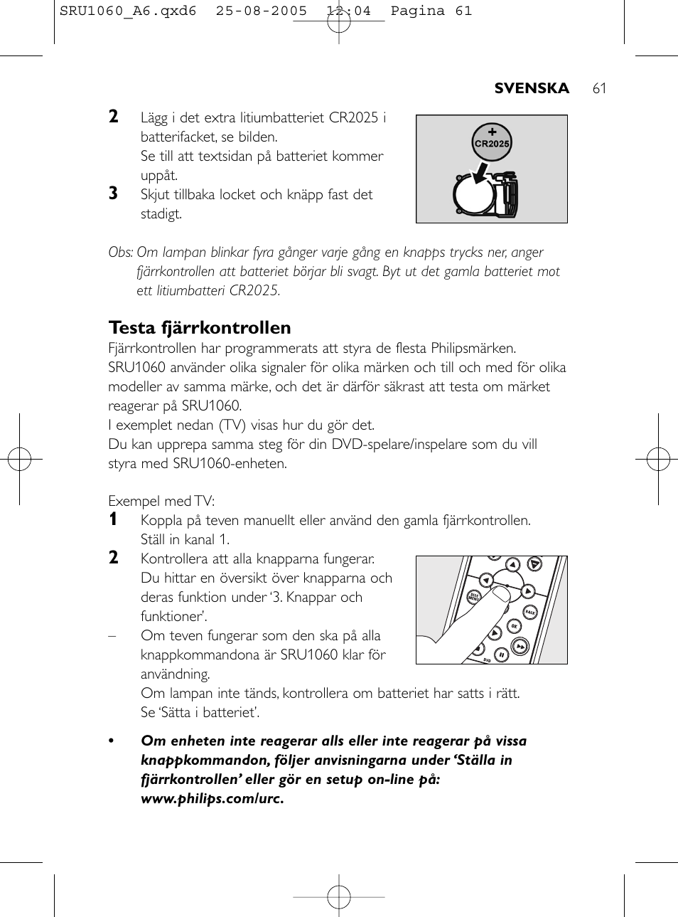 Testa fjärrkontrollen | Philips Télécommande universelle User Manual | Page 60 / 111