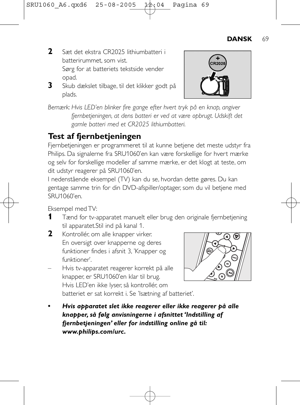 Test af fjernbetjeningen | Philips Télécommande universelle User Manual | Page 68 / 111