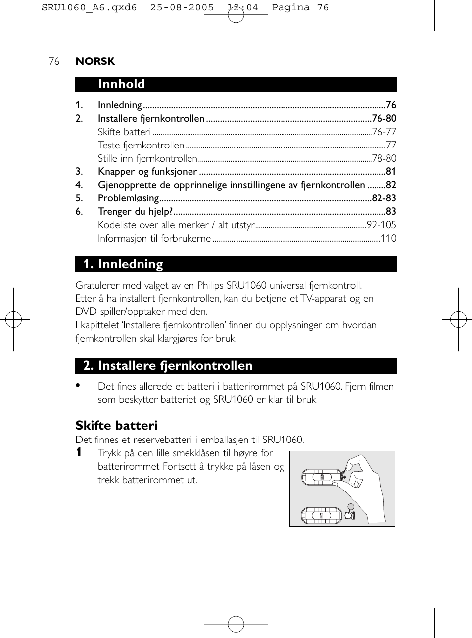 Innhold, Innledning, Installere fjernkontrollen | Skifte batteri | Philips Télécommande universelle User Manual | Page 75 / 111
