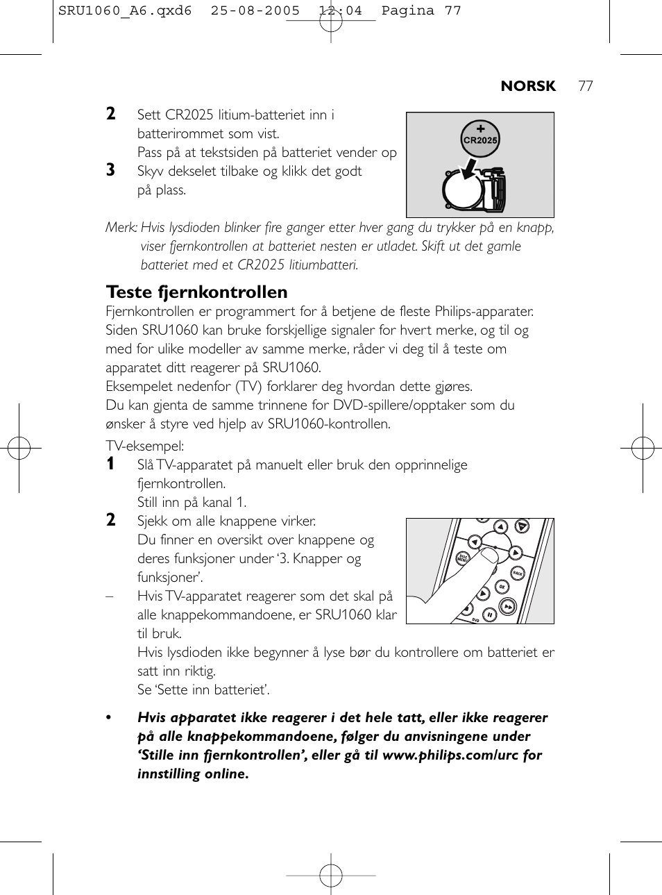 Teste fjernkontrollen | Philips Télécommande universelle User Manual | Page 76 / 111