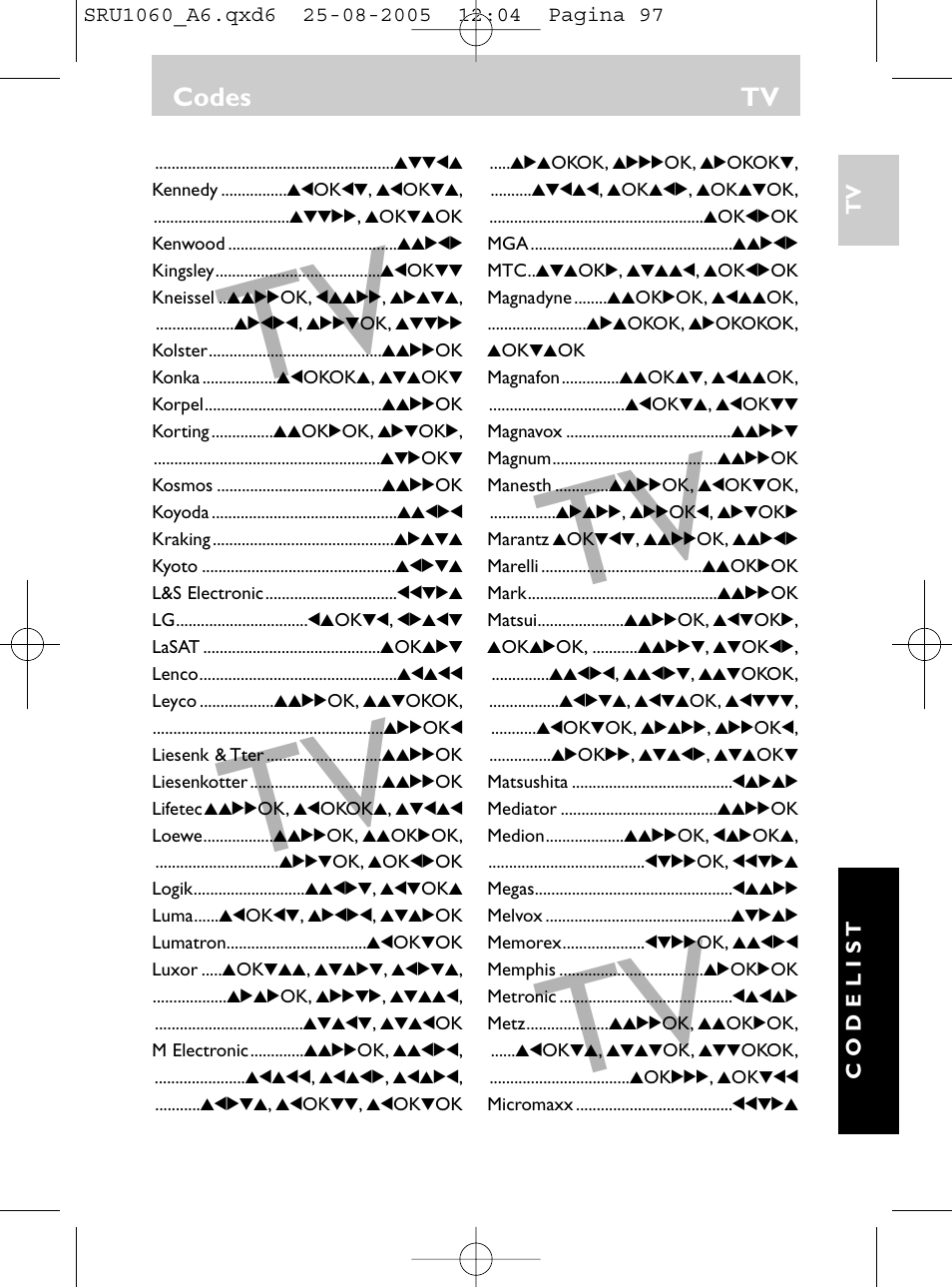 Codes tv | Philips Télécommande universelle User Manual | Page 96 / 111