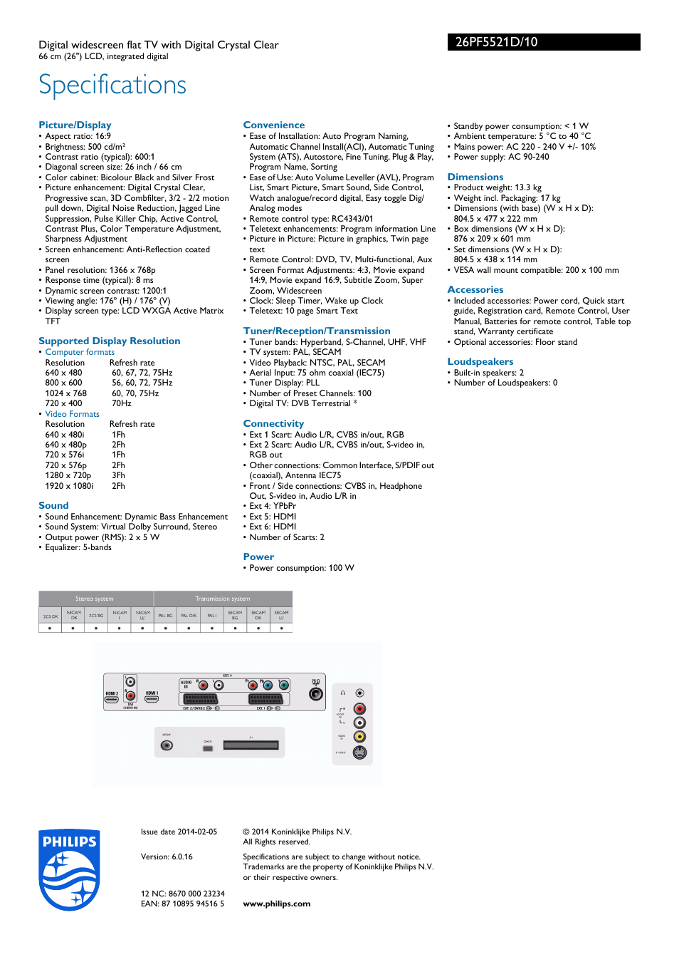 Specifications | Philips Téléviseur écran plat numérique à écran large User Manual | Page 3 / 3