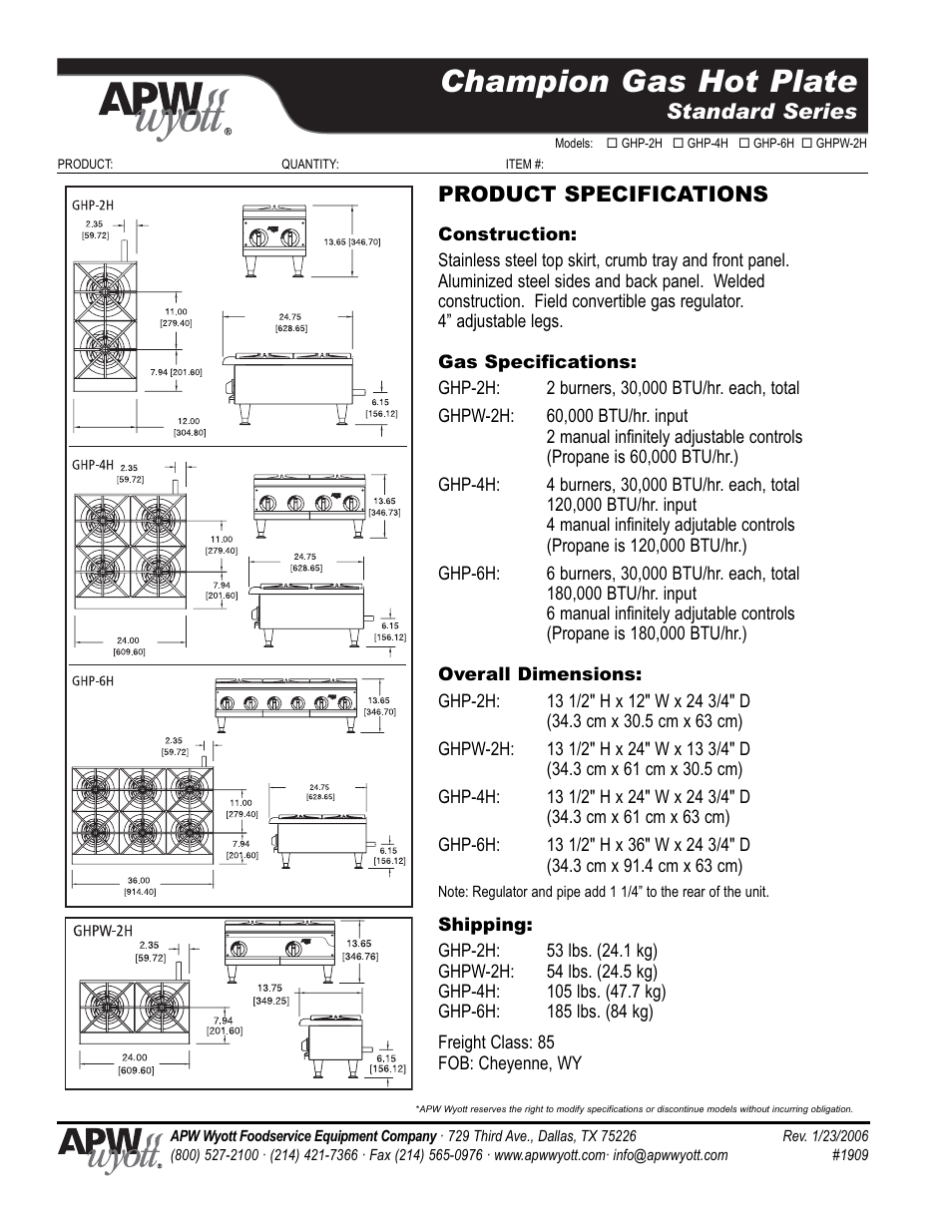 Champion gas hot plate, Standard series, Product specifications | APW GHPW-2H User Manual | Page 2 / 2