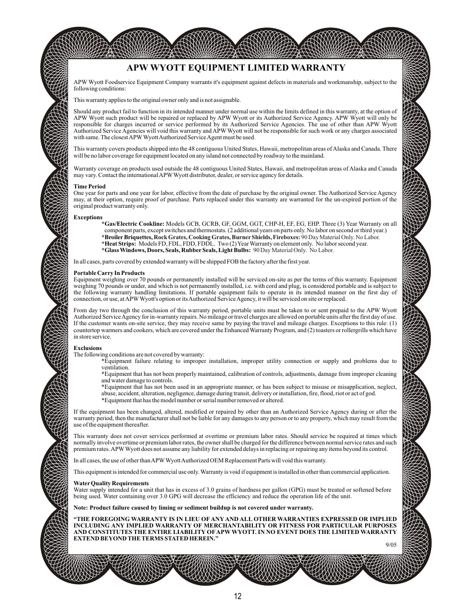 Apw wyott equipment limited warranty | APW HSO-200 User Manual | Page 12 / 12