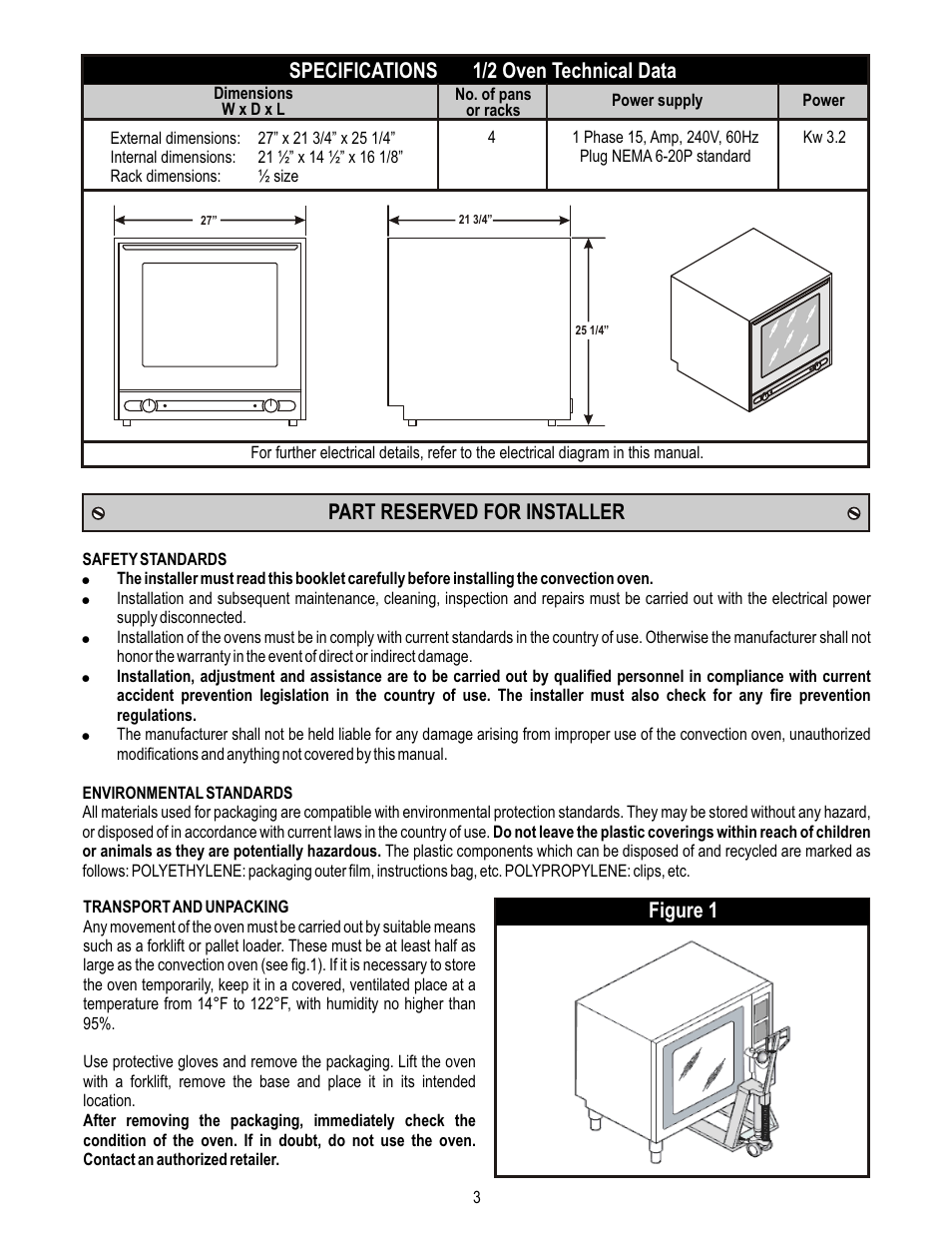 Specifications 1/2 oven technical data, Part reserved for installer, Figure 1 | APW HSO-200 User Manual | Page 3 / 12