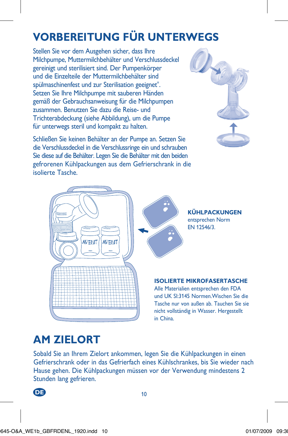 Vorbereitung für unterwegs, Am zielort | Philips AVENT Tire-lait manuel User Manual | Page 10 / 16