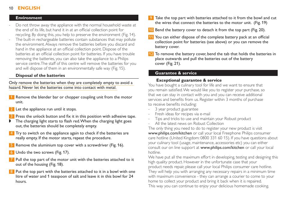 Environment, Disposal of the batteries | Philips Robust Collection Mixeur plongeant User Manual | Page 10 / 32