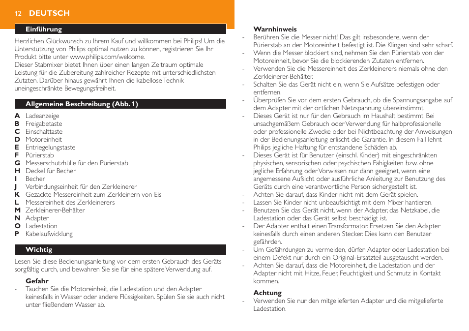 Deutsch, Einführung, Allgemeine beschreibung (abb. 1) | Wichtig | Philips Robust Collection Mixeur plongeant User Manual | Page 12 / 32