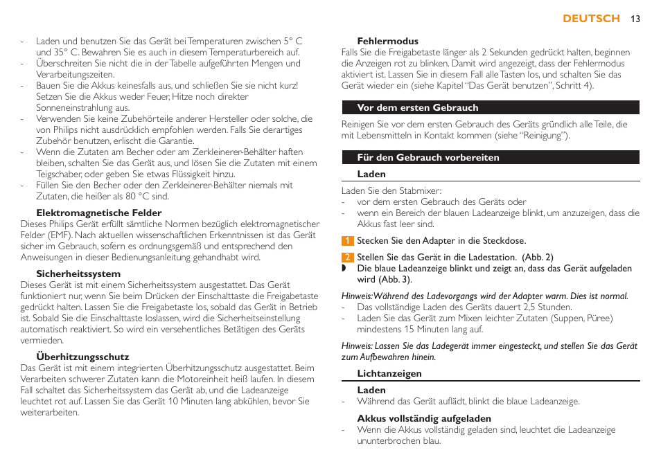 Achtung, Elektromagnetische felder, Sicherheitssystem | Überhitzungsschutz | Philips Robust Collection Mixeur plongeant User Manual | Page 13 / 32