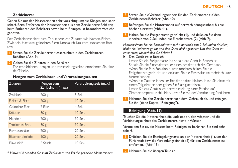 Zerkleinerer, Mengen zum zerkleinern und verarbeitungszeiten | Philips Robust Collection Mixeur plongeant User Manual | Page 15 / 32