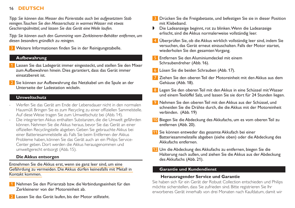 Aufbewahrung, Umweltschutz | Philips Robust Collection Mixeur plongeant User Manual | Page 16 / 32