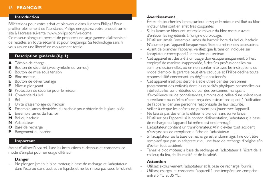 Danger, Français, Introduction | Description générale (fig. 1), Important | Philips Robust Collection Mixeur plongeant User Manual | Page 18 / 32