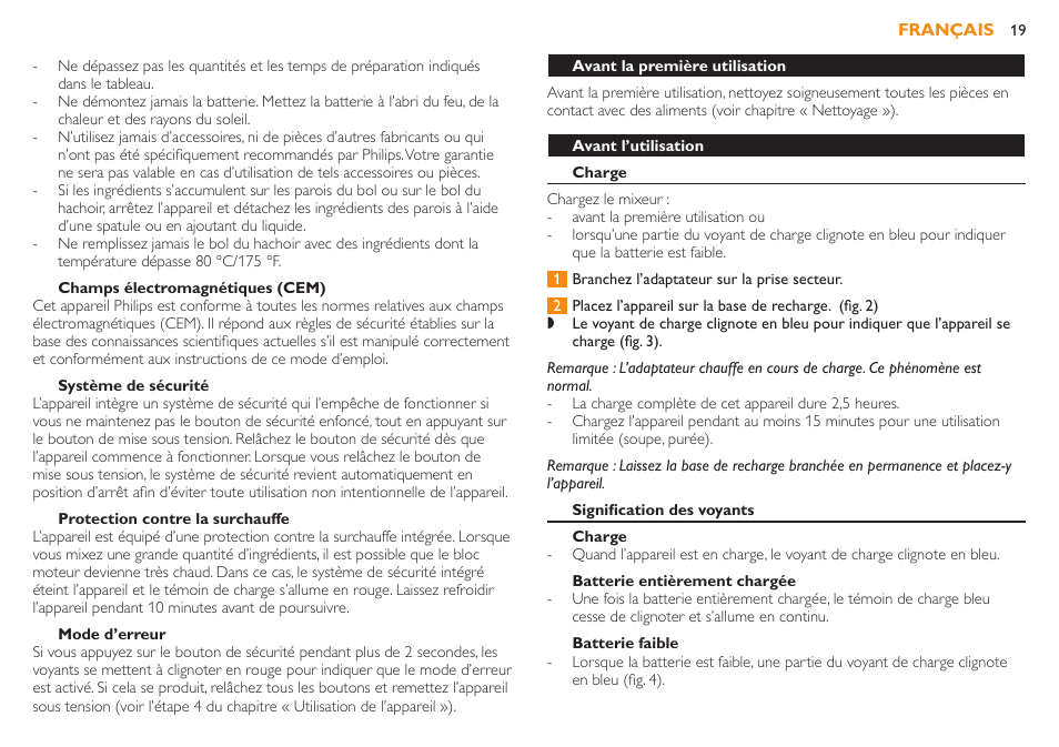Mode d’erreur, Protection contre les surchauffes, Système de sécurité | Champs électromagnétiques (cem) | Philips Robust Collection Mixeur plongeant User Manual | Page 19 / 32