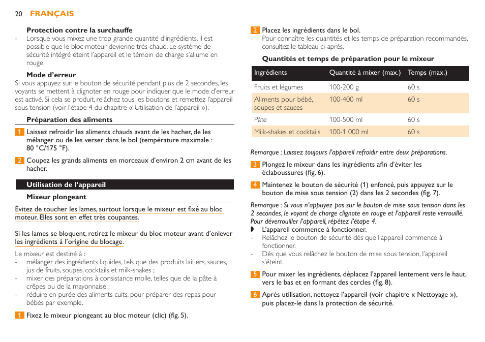 Préparation des aliments, Batterie faible, Protection contre les surchauffes | Mode d’erreur, Utilisation de l’appareil, Mixeur plongeant | Philips Robust Collection Mixeur plongeant User Manual | Page 20 / 32