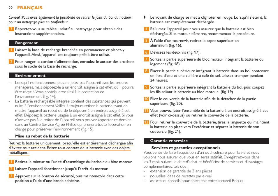 Rangement, Environnement, Mise au rebut de la batterie | Philips Robust Collection Mixeur plongeant User Manual | Page 22 / 32