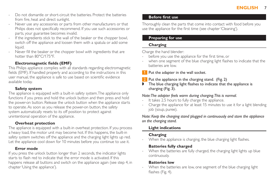 Electromagnetic fields (emf), Safety system, Overheat protection | Error mode | Philips Robust Collection Mixeur plongeant User Manual | Page 7 / 32