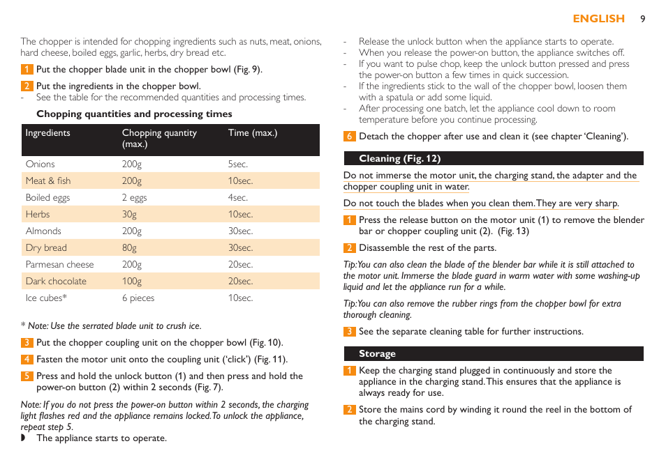 Chopping quantities and processing times | Philips Robust Collection Mixeur plongeant User Manual | Page 9 / 32