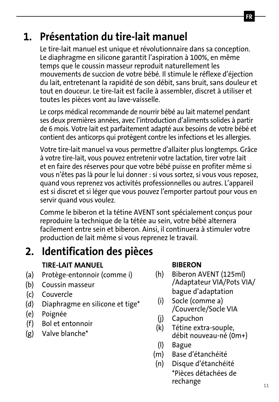 Présentation du tire-lait manuel, Identification des pièces | Philips AVENT Tire-lait manuel User Manual | Page 13 / 42