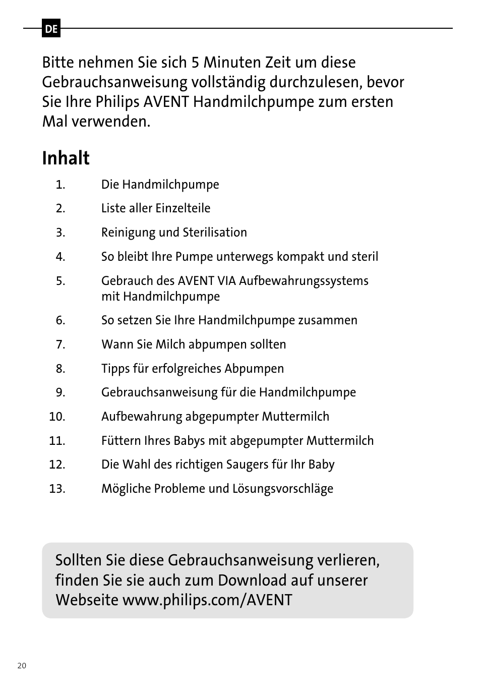 Inhalt | Philips AVENT Tire-lait manuel User Manual | Page 22 / 42