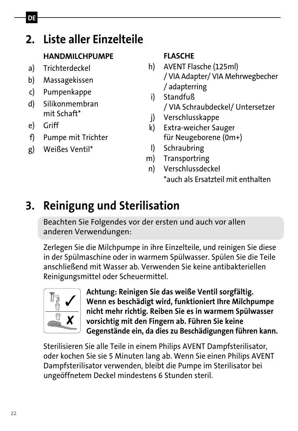 Liste aller einzelteile, Reinigung und sterilisation | Philips AVENT Tire-lait manuel User Manual | Page 24 / 42