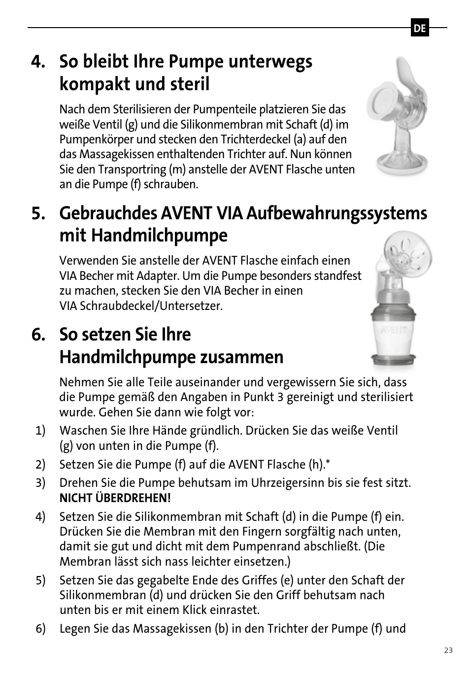 So bleibt ihre pumpe unterwegs kompakt und steril, So setzen sie ihre handmilchpumpe zusammen | Philips AVENT Tire-lait manuel User Manual | Page 25 / 42