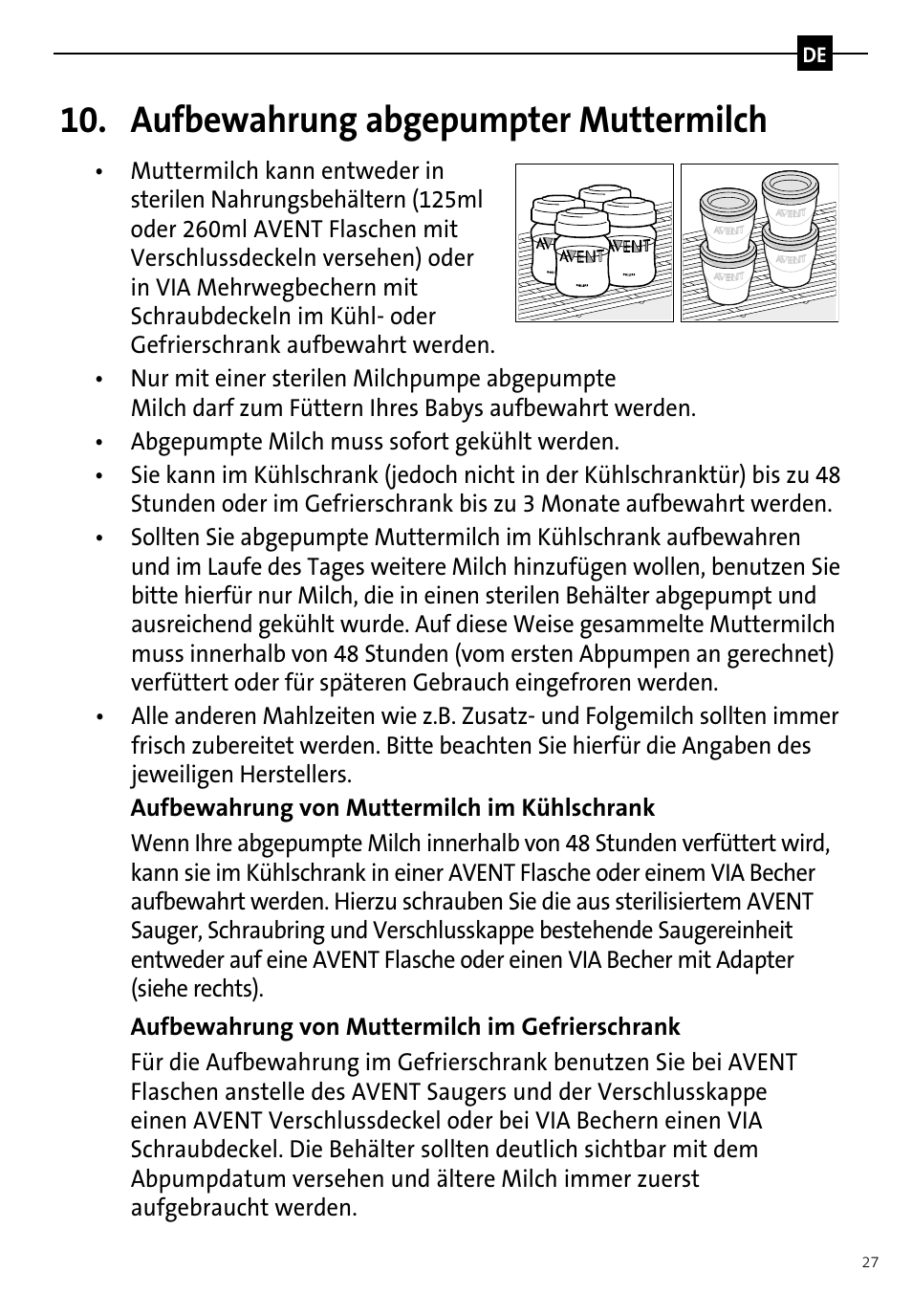 Aufbewahrung abgepumpter muttermilch | Philips AVENT Tire-lait manuel User Manual | Page 29 / 42
