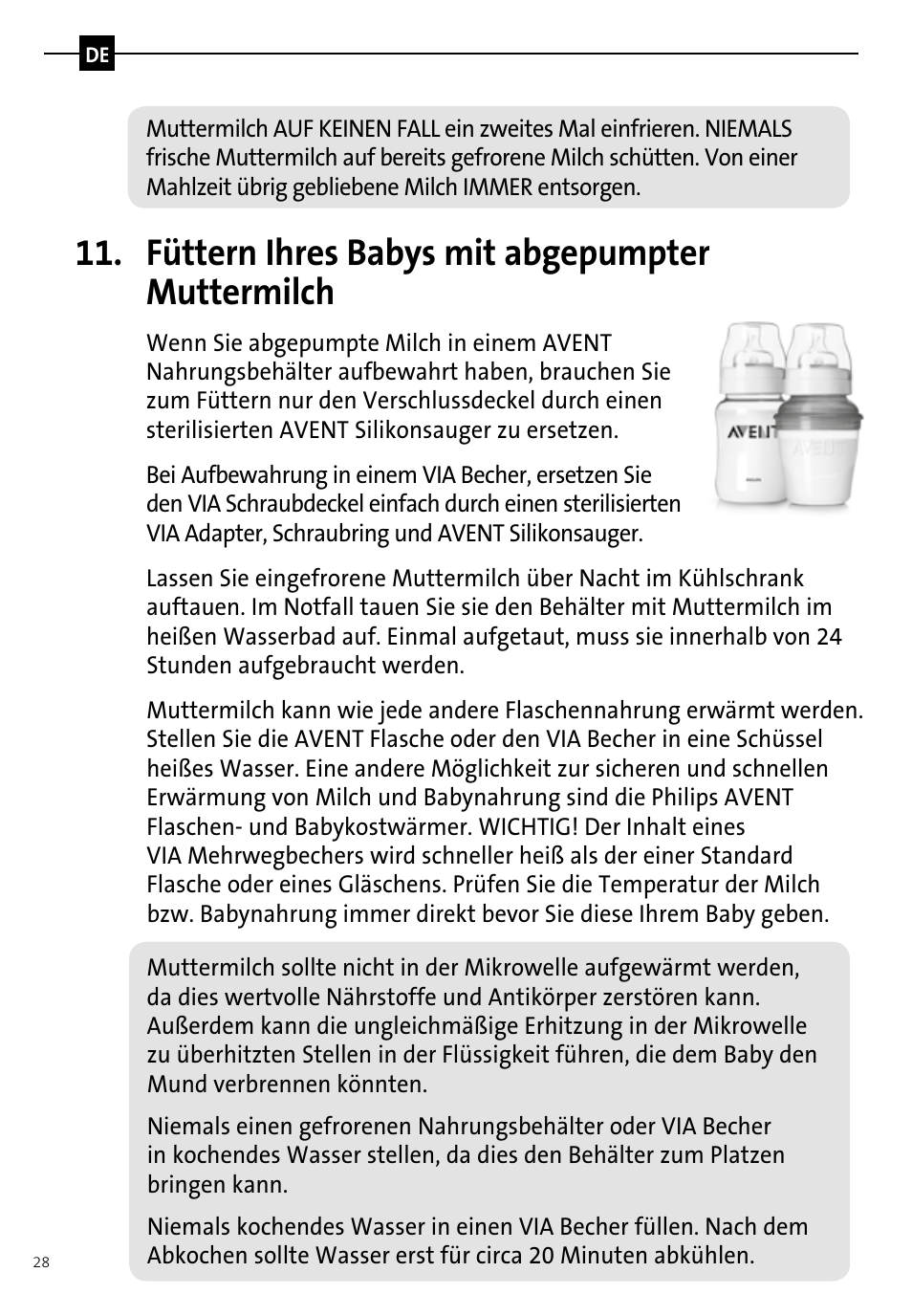 Füttern ihres babys mit abgepumpter muttermilch | Philips AVENT Tire-lait manuel User Manual | Page 30 / 42