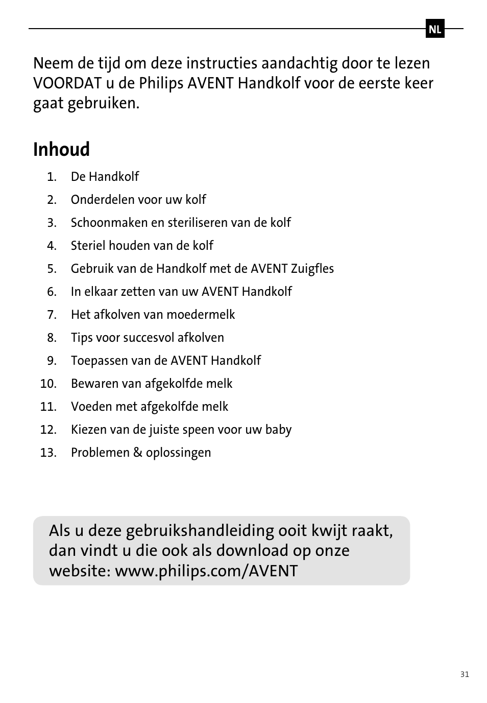 Inhoud | Philips AVENT Tire-lait manuel User Manual | Page 33 / 42