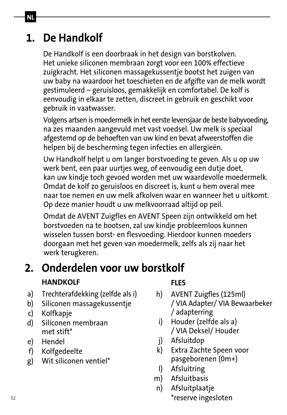 De handkolf, Onderdelen voor uw borstkolf | Philips AVENT Tire-lait manuel User Manual | Page 34 / 42