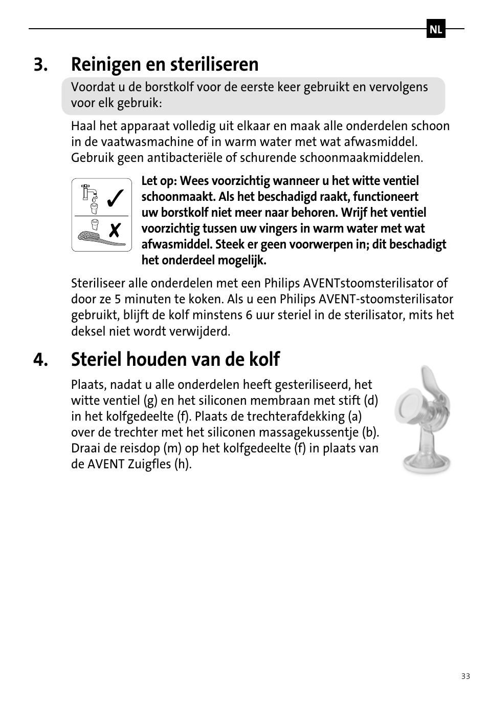 Reinigen en steriliseren, Steriel houden van de kolf | Philips AVENT Tire-lait manuel User Manual | Page 35 / 42